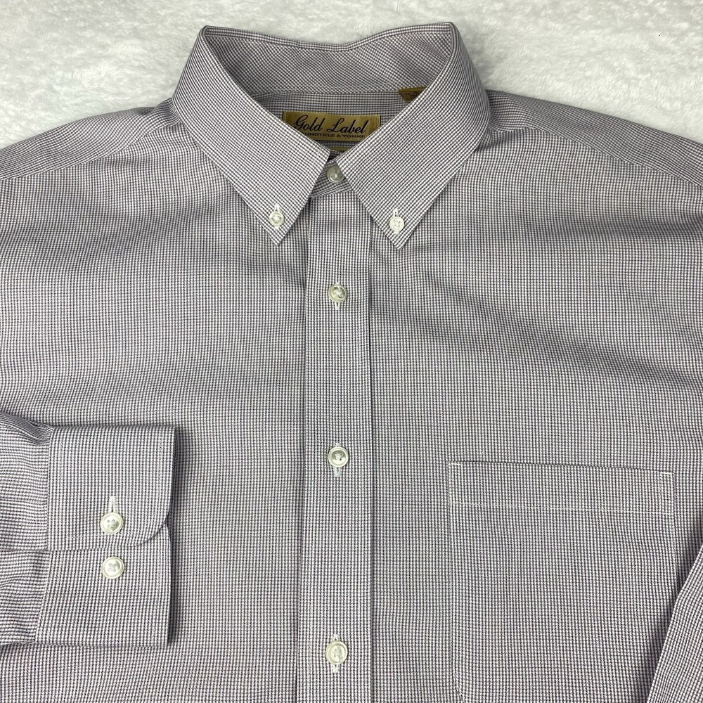 Roundtree & Yorke Gold Label Dress Shirt Men's Large Purple Micro-Check No‎ Iron